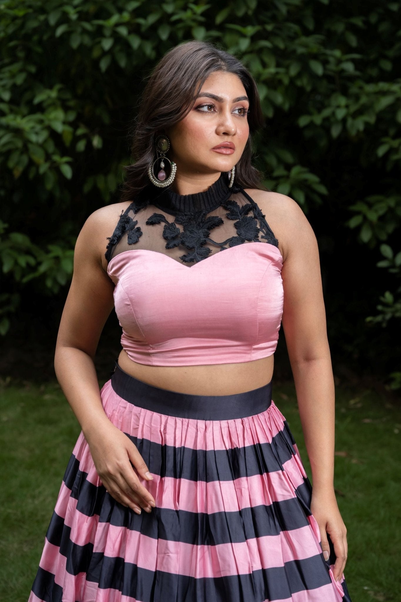 Pink and Black Lehenga set In Satin Silk - Anvi Couture