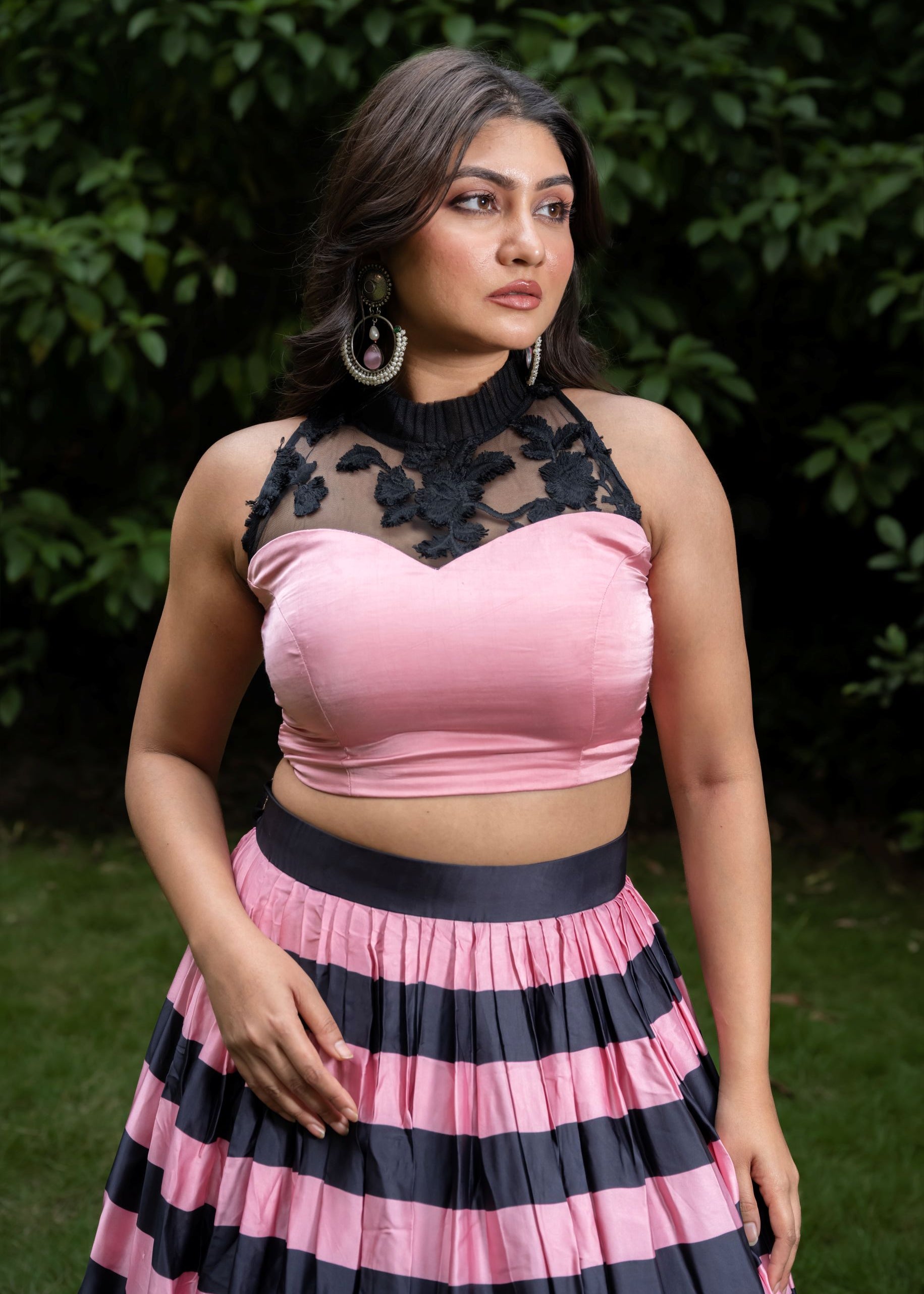 Pink and Black Lehenga set In Silk

