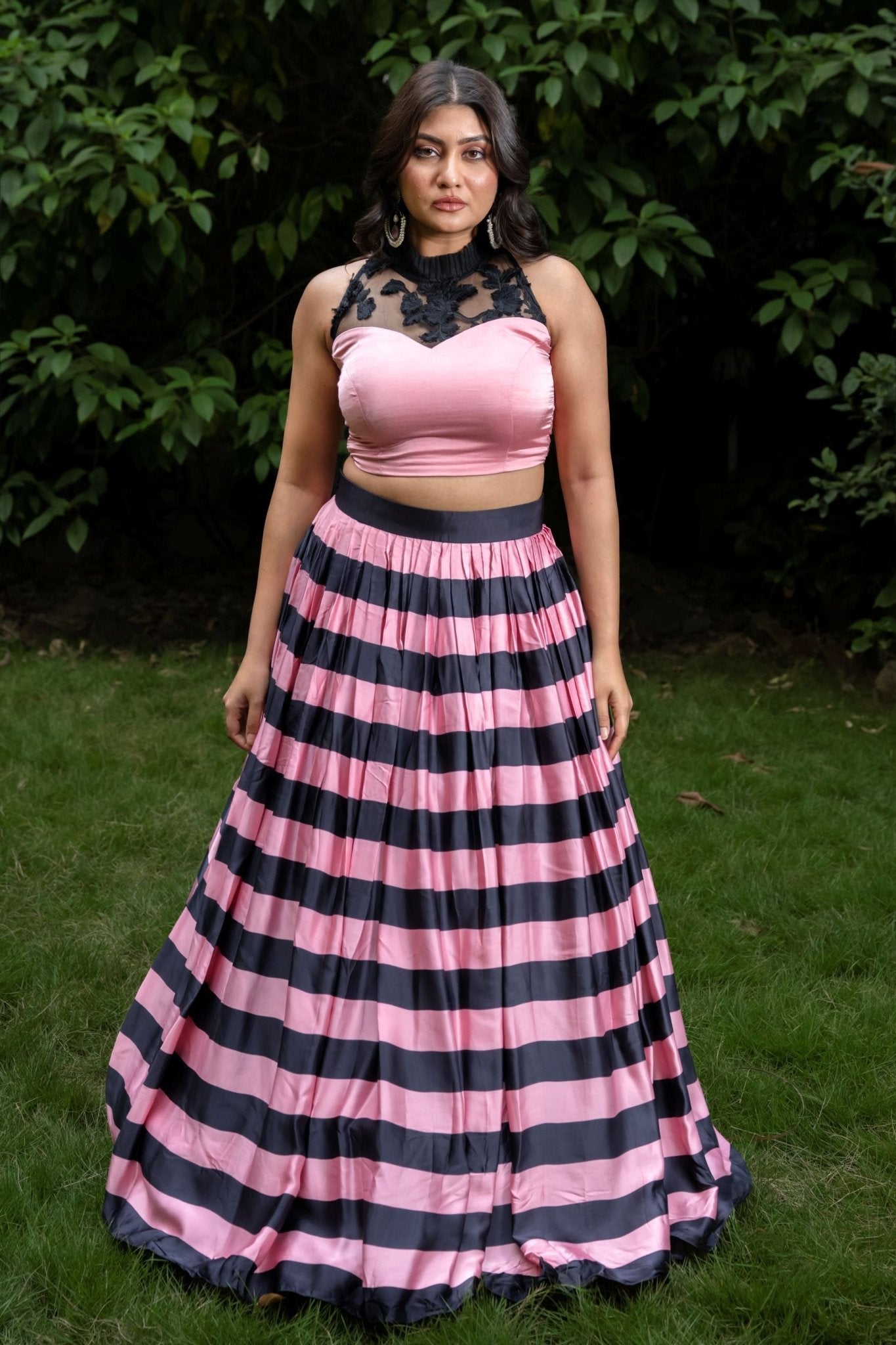 Pink and Black Lehenga set In Satin Silk - Anvi Couture