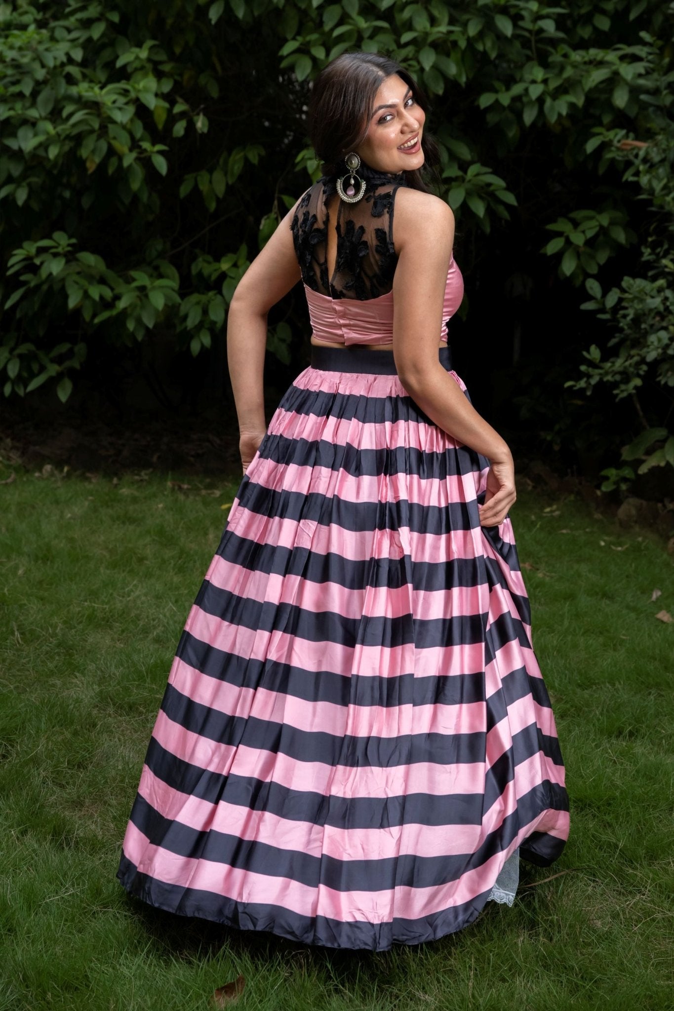 Pink and Black Lehenga set In Satin Silk - Anvi Couture