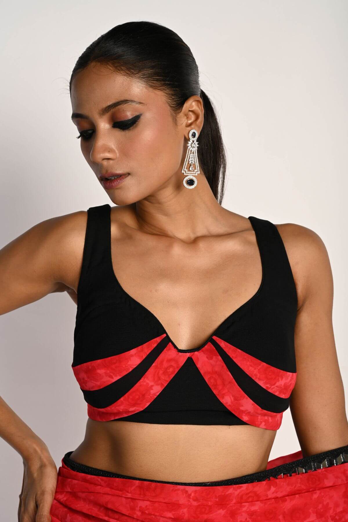 Pink and Black Printed Saree with Plunging Neck Pleated Designer Blouse - Anvi Couture - Blouse