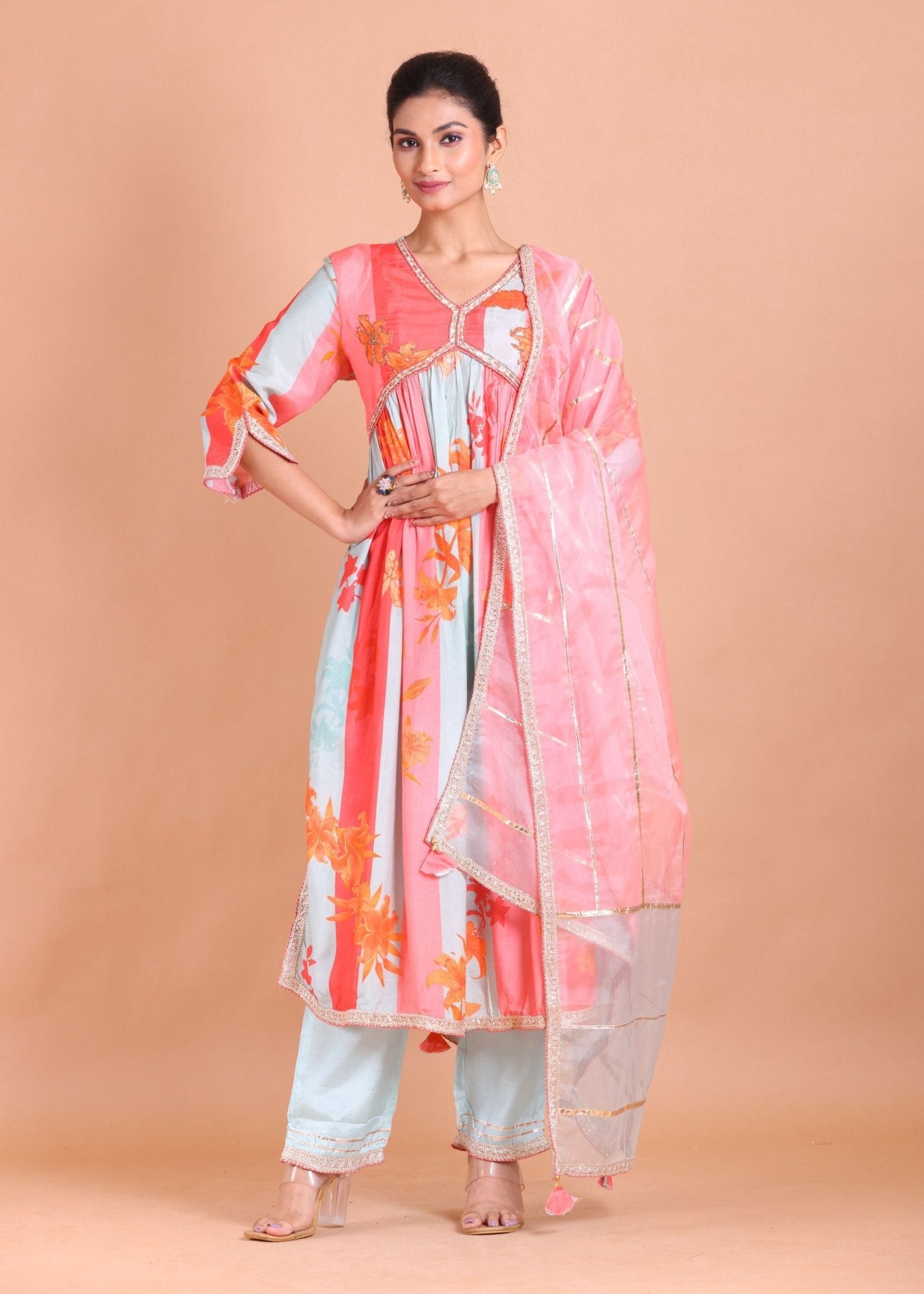 Pink and Blue Alia Cut Kurti Set - Anvi Couture