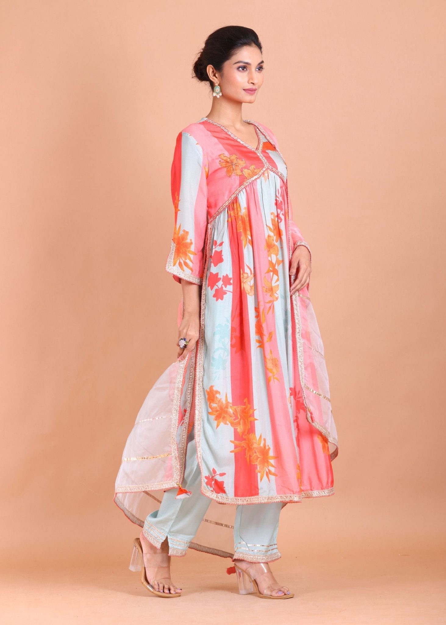 Pink and Blue Alia Cut Kurti Set - Anvi Couture