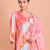 Pink and Blue Alia Cut Kurti Set - Anvi Couture