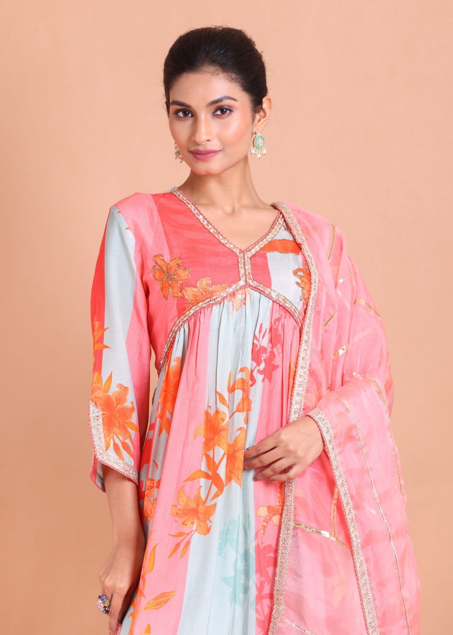 Pink and Blue Alia Cut Kurti Set - Anvi Couture