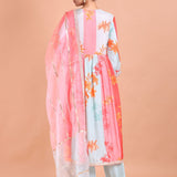 Pink and Blue Alia Cut Kurti Set - Anvi Couture