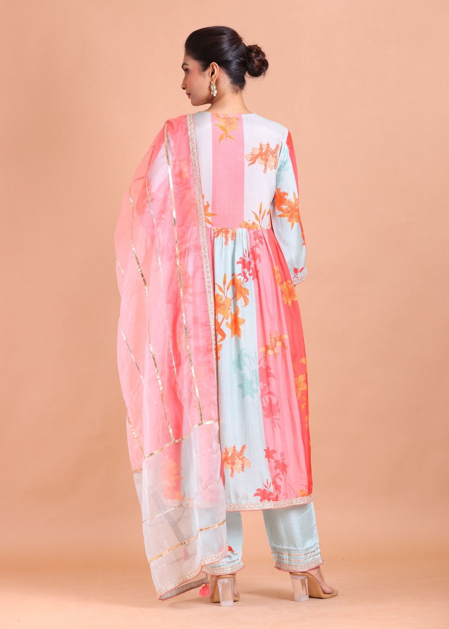 Pink and Blue Alia Cut Kurti Set - Anvi Couture