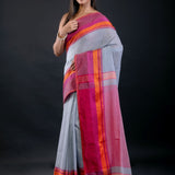 Pink and Blue Bengal Cotton Handloom Saree Drape Detail – Anvi Couture