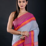 Pink and Blue Bengal Cotton Handloom Saree - Anvi Couture