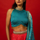 Intricate Pink Banarasi Lehenga with Blue Embroidered Dupatta and Zari Borders