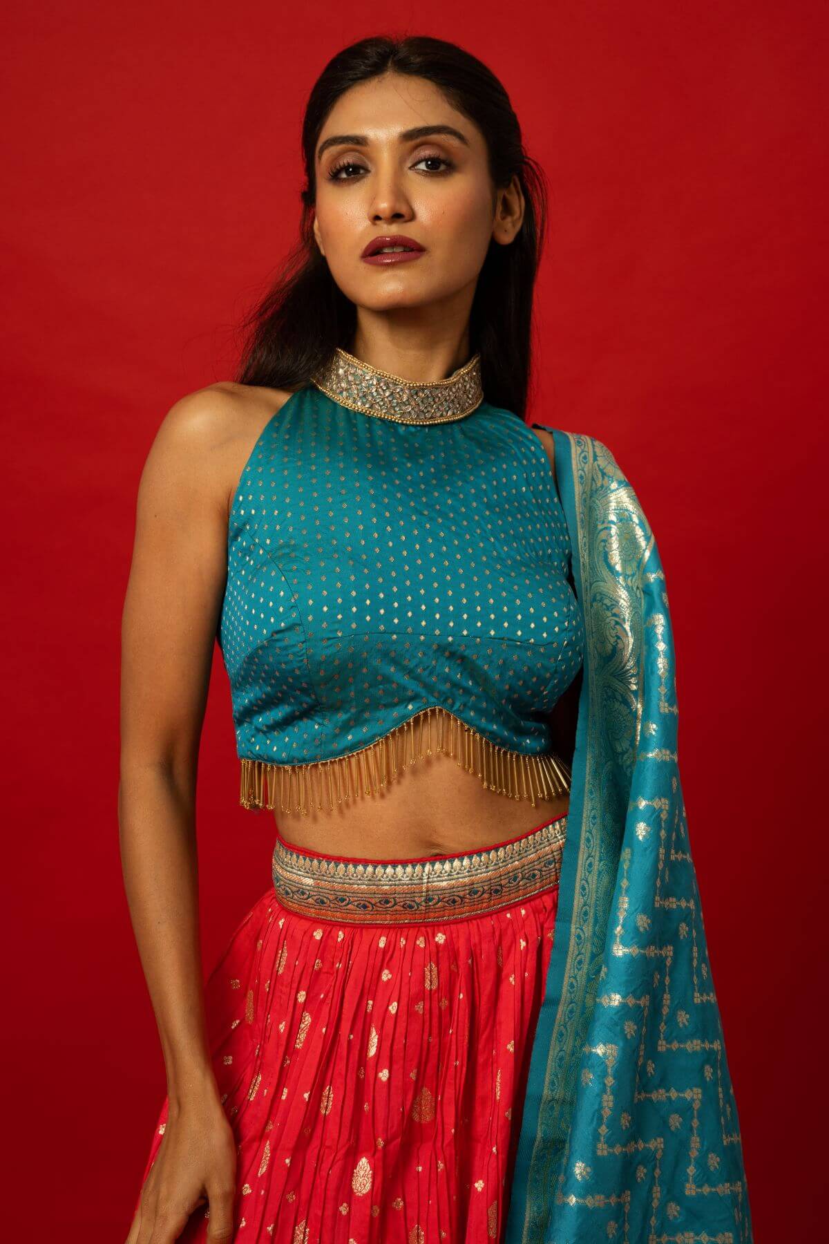 Intricate Pink Banarasi Lehenga with Blue Embroidered Dupatta and Zari Borders