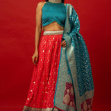 Traditional Pink Banarasi Silk Lehenga Set with Blue Brocade Dupatta