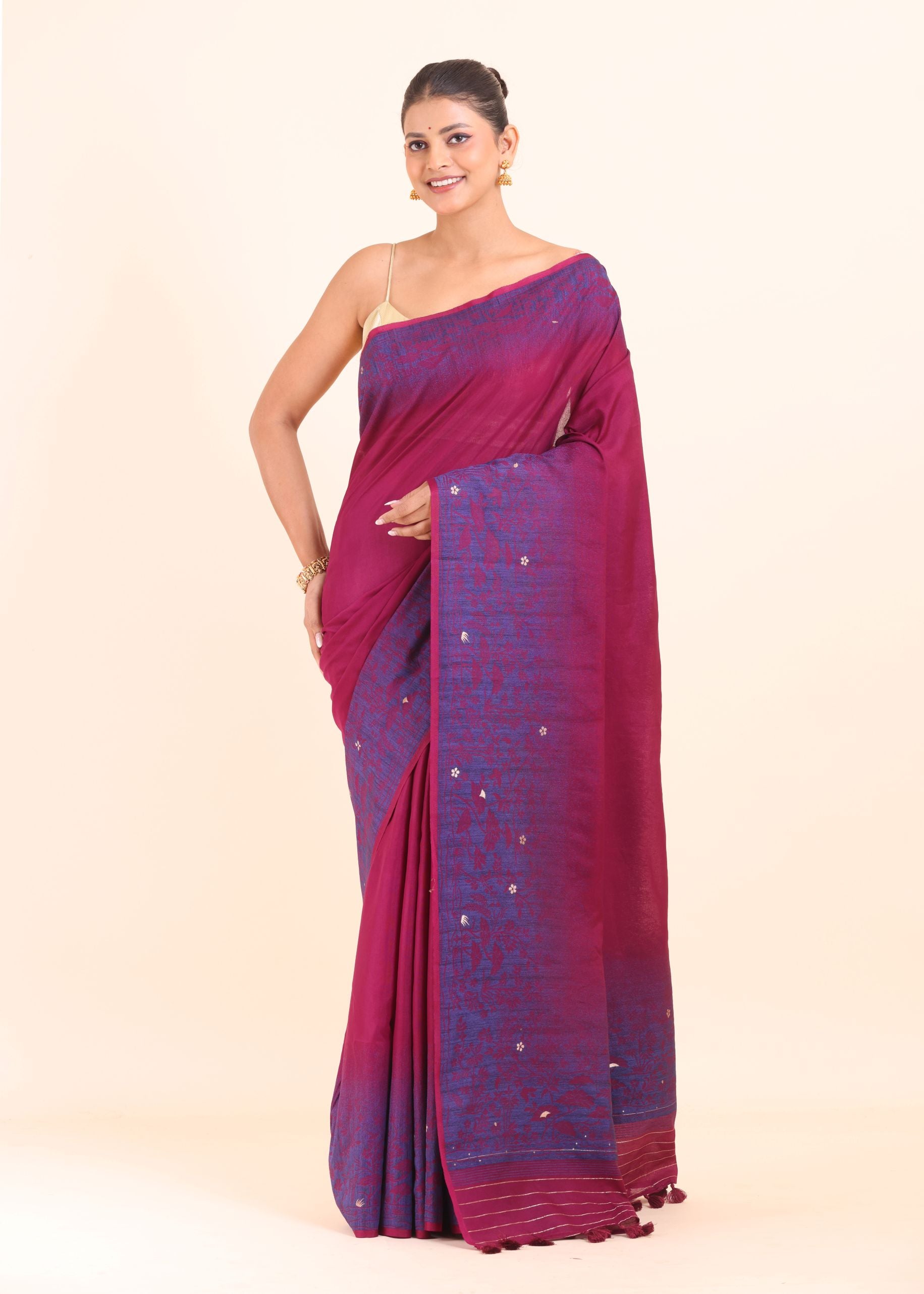 Pink and Blue Cotton Linen Saree full