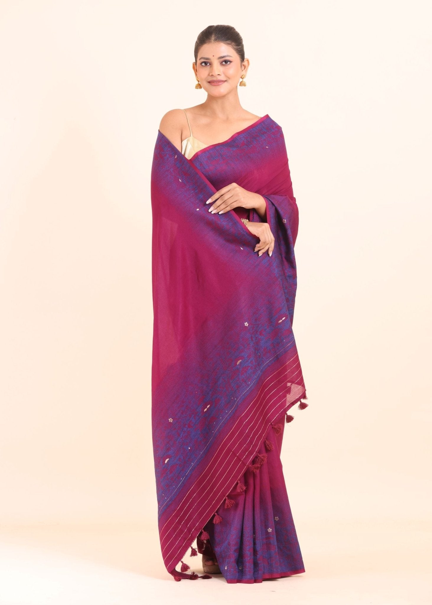Pink and Blue Cotton Linen Saree - Anvi Couture