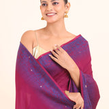 Pink and Blue Cotton Linen Saree close up