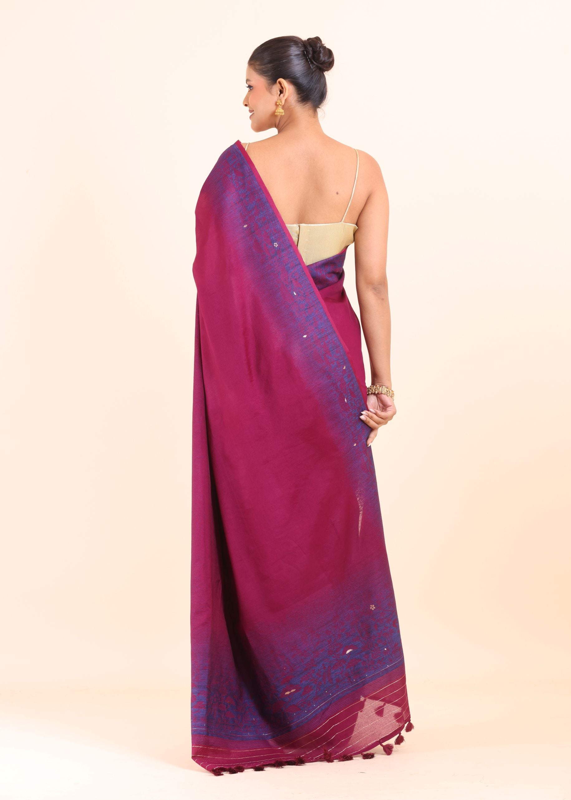 Pink and Blue Cotton Linen Saree back