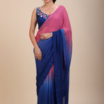 Pink and Blue Ombre Georgette Saree Design-Front