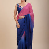Pink and Blue Ombre Georgette Saree Design-Front