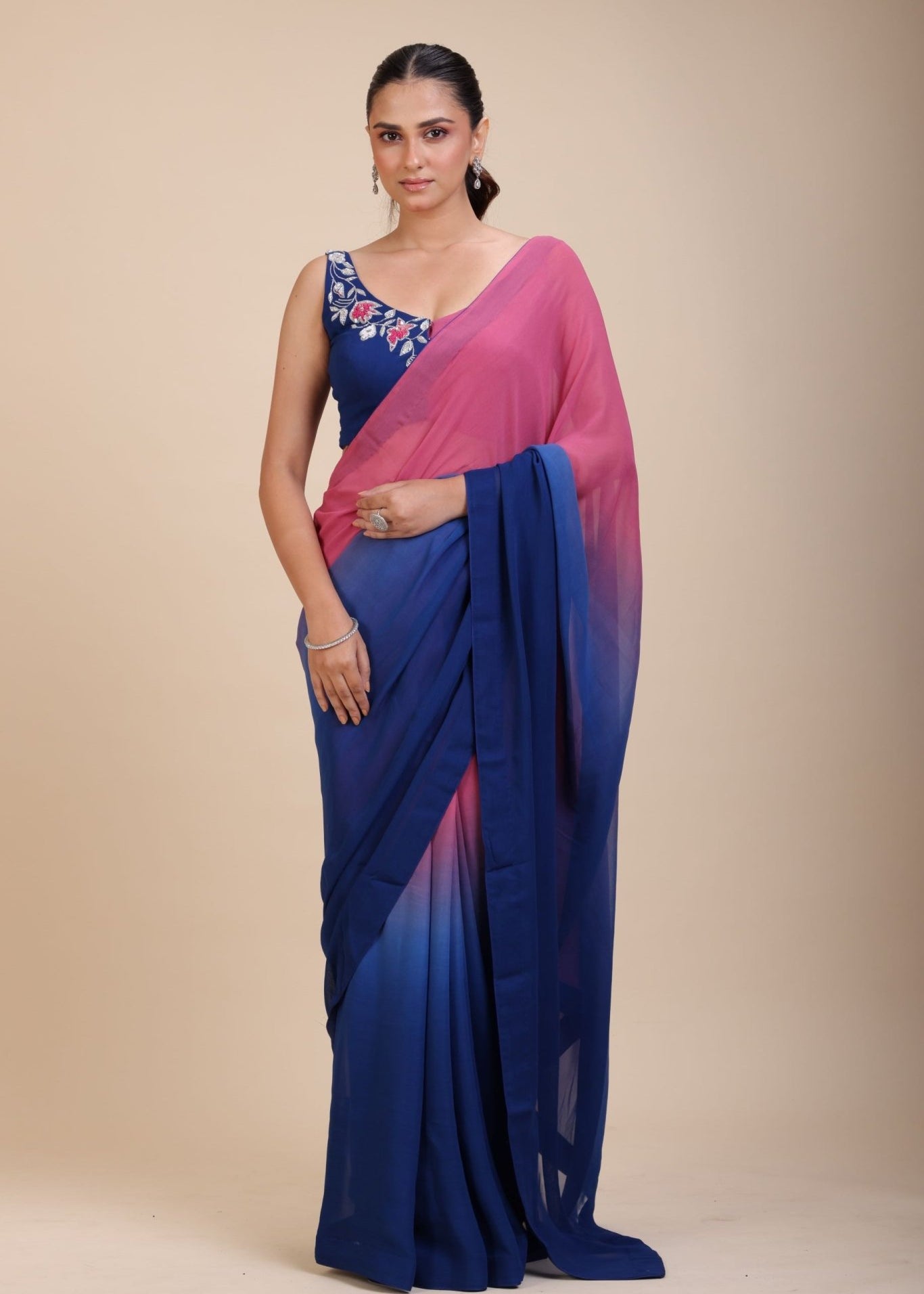 Pink and Blue Ombre Georgette Saree Design - Front