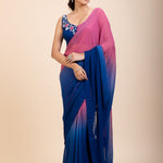Pink and Blue Ombre Georgette Saree Design -Side