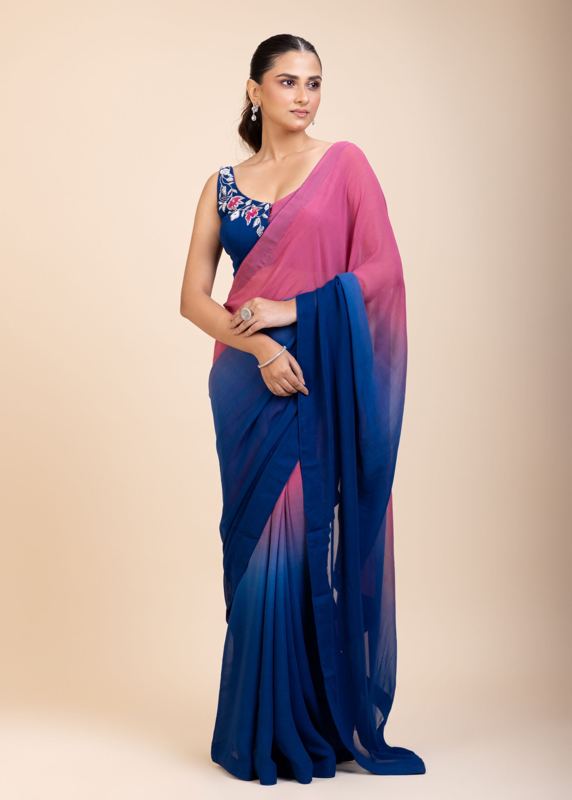 Pink and Blue Ombre Georgette Saree Design -Side