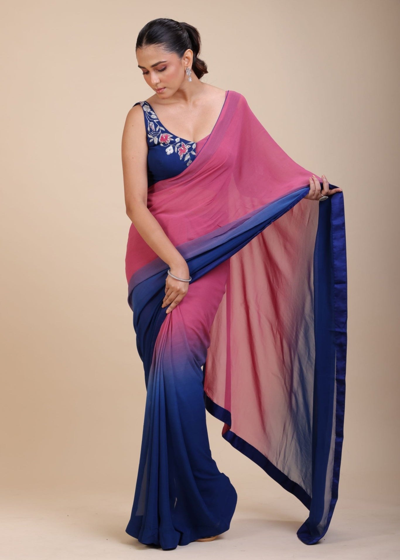 Pink and Blue Ombre Georgette Saree Design - Pallu