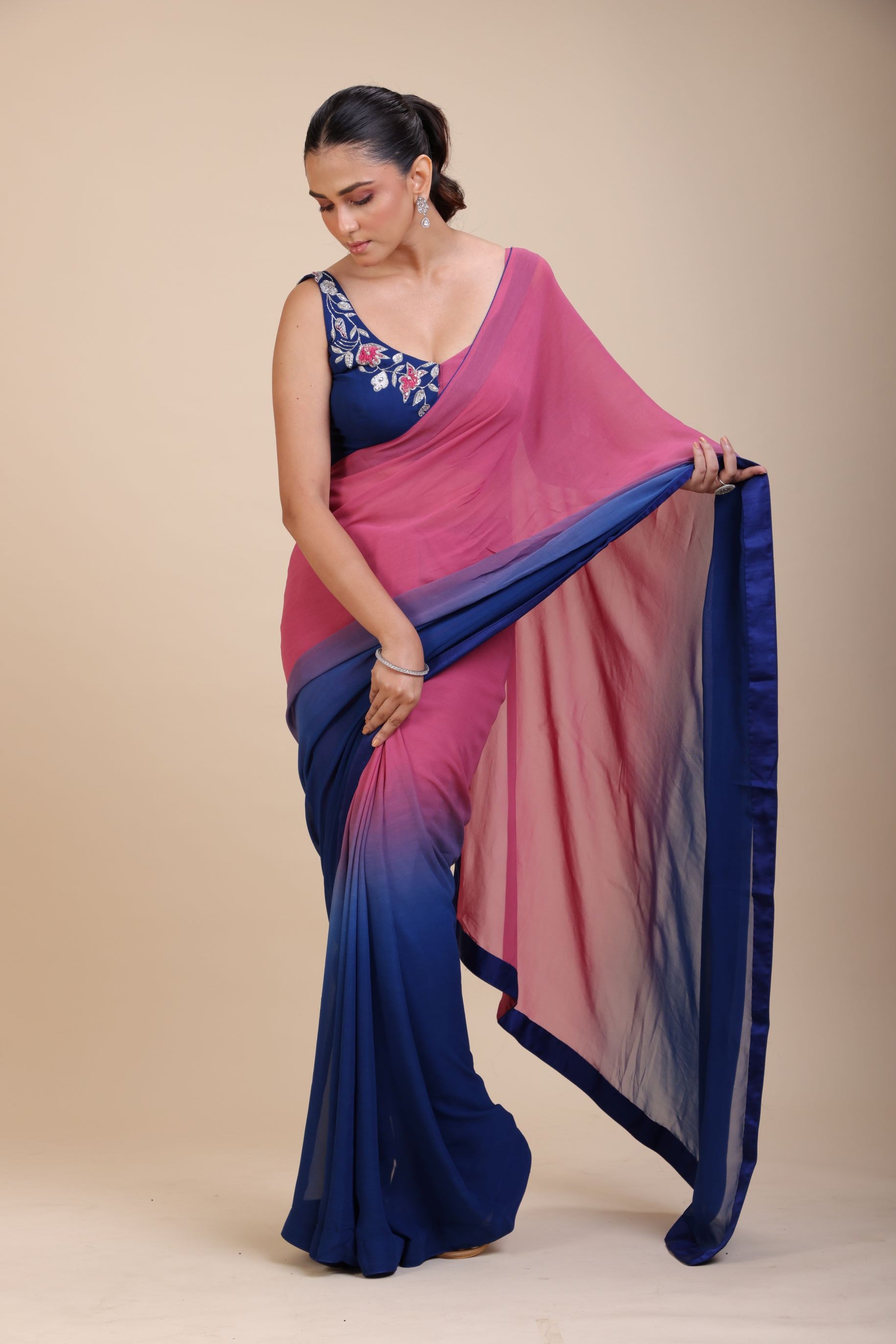 Pink and Blue Ombre Georgette Saree Design -Pallu