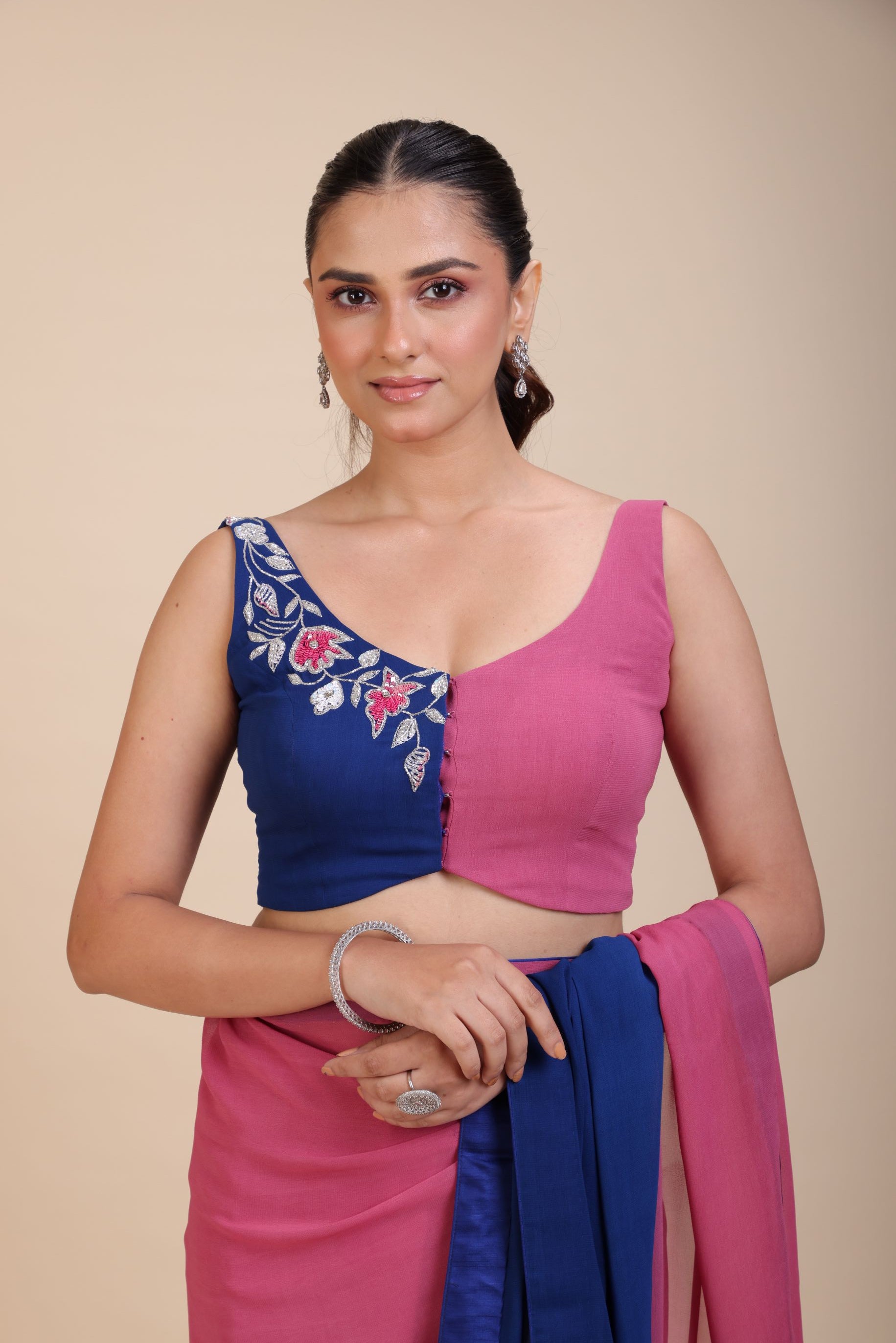 Pink and Blue Ombre Georgette Saree Design -Blouse