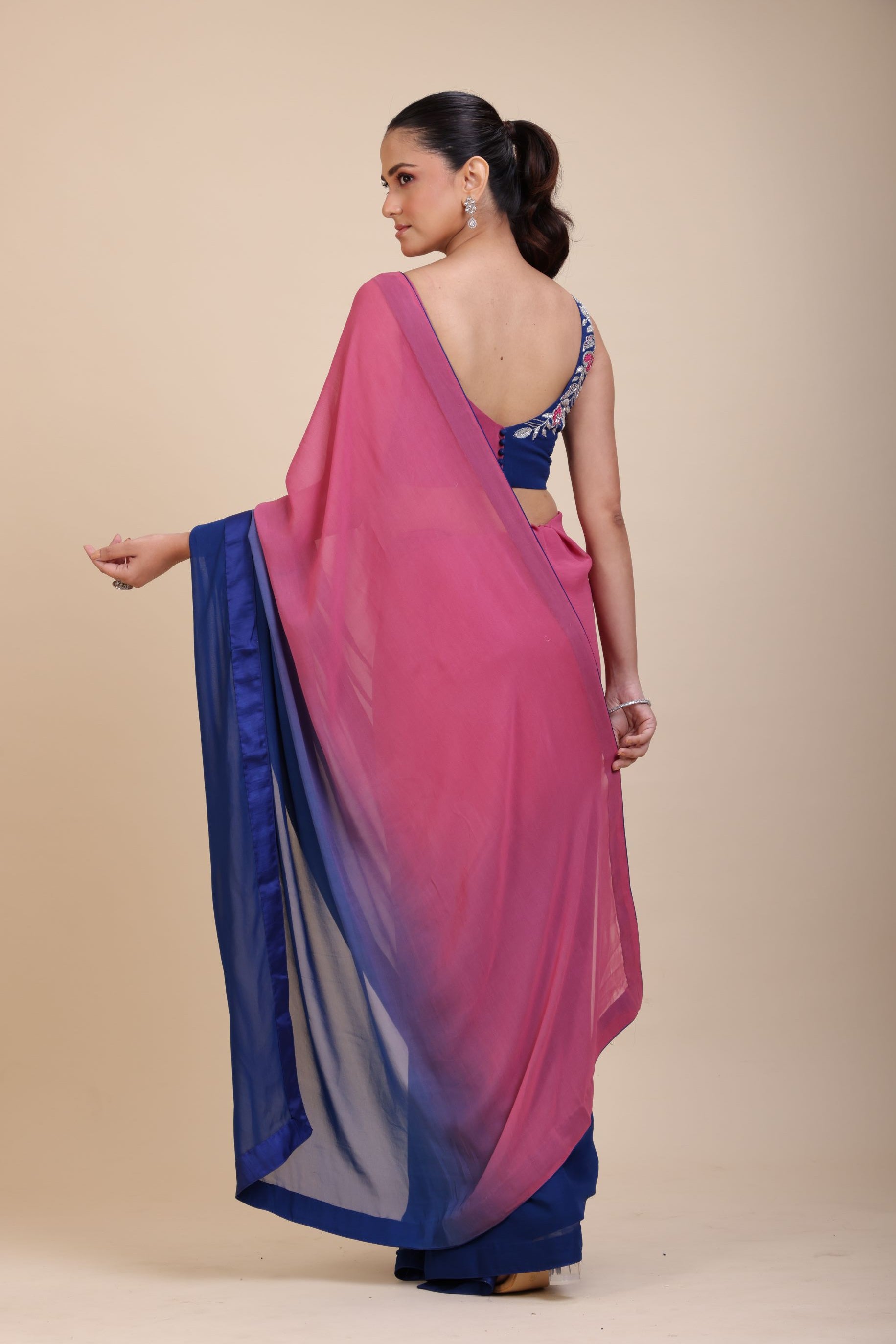 Pink and Blue Ombre Georgette Saree Design -Back