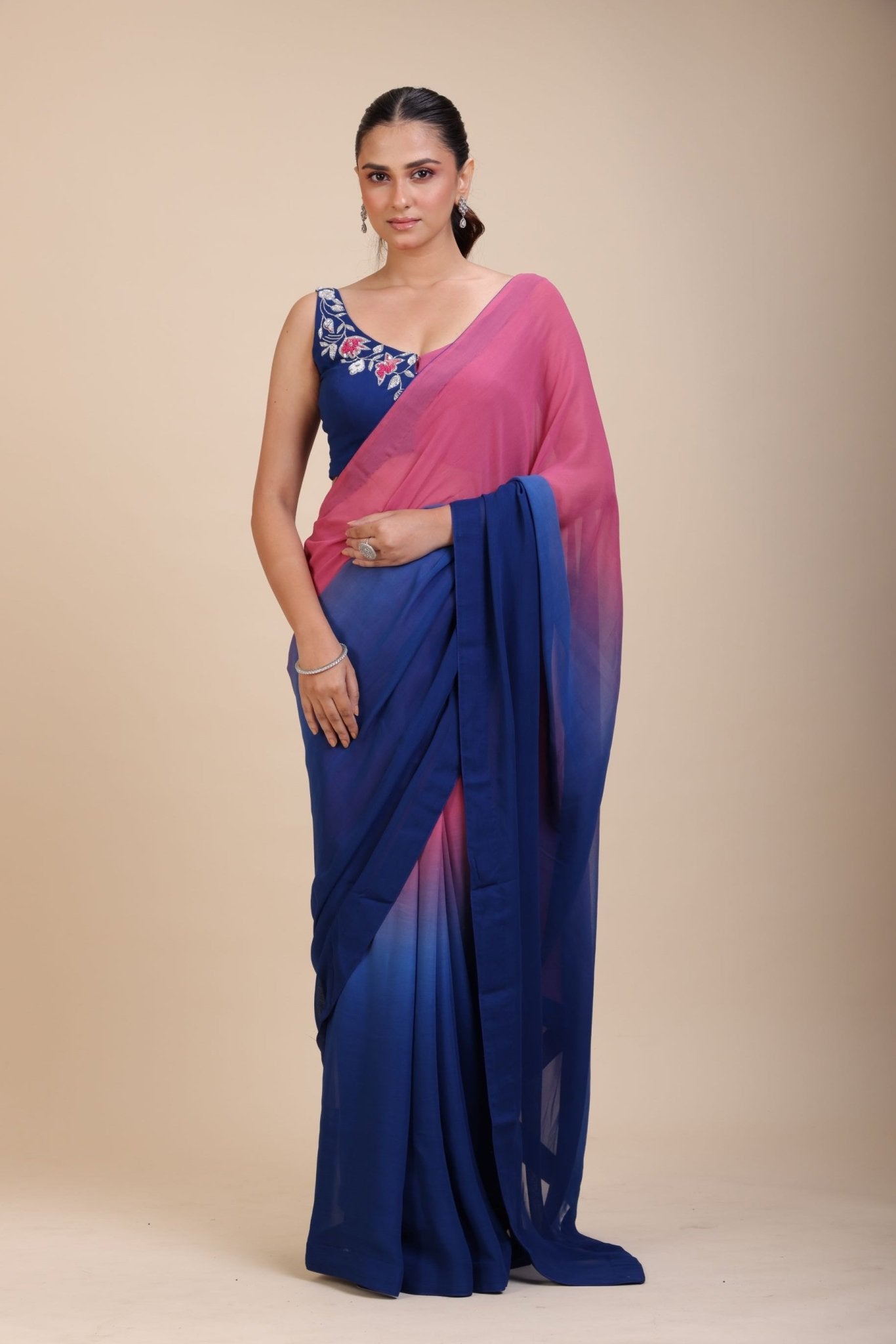 Pink and Blue Ombre Georgette Saree With Designer Blouse - Anvi Couture