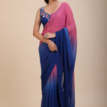 Pink and Blue Ombre Georgette  Saree With Designer Blouse Front