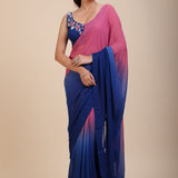 Pink and Blue Ombre Georgette  Saree With Designer Blouse Front