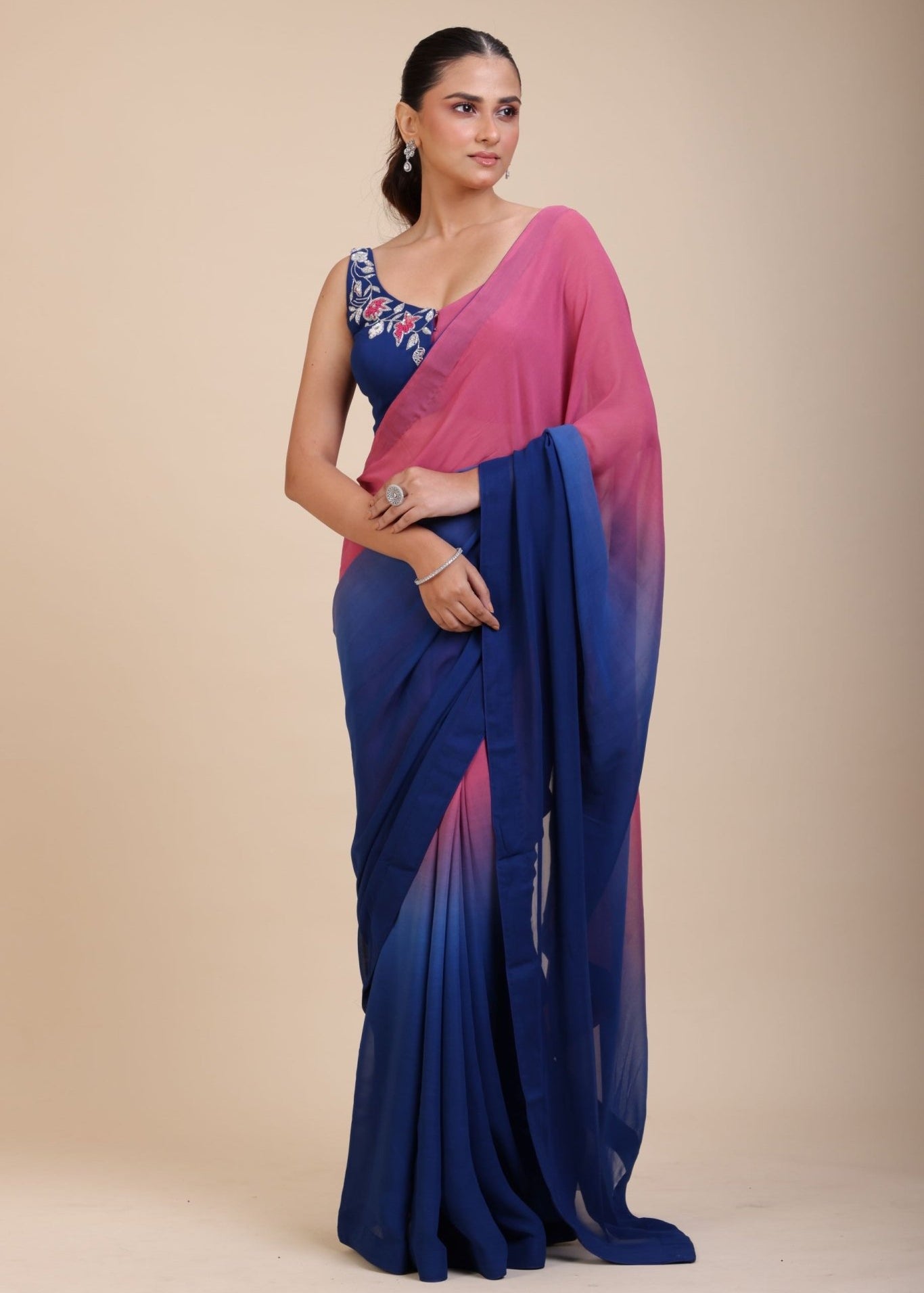 Pink and Blue Ombre Georgette Saree With Designer Blouse - Anvi Couture