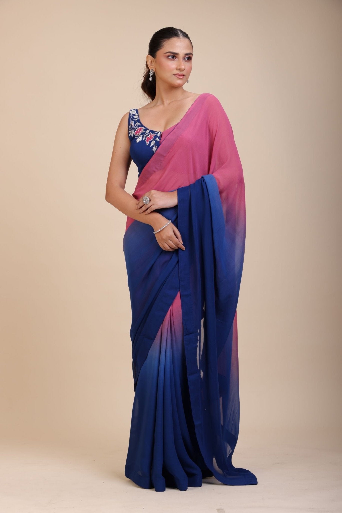 Pink and Blue Ombre Georgette Saree With Designer Blouse - Anvi Couture