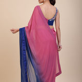 Pink and Blue Ombre Georgette  Saree With Designer Blouse Back
