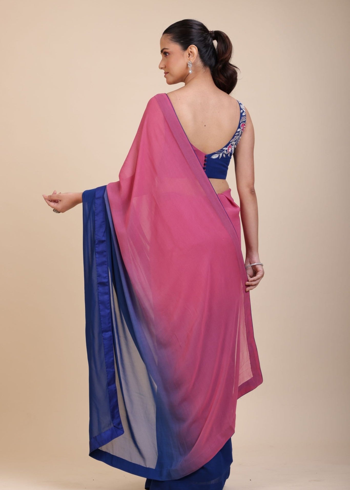 Pink and Blue Ombre Georgette Saree With Designer Blouse - Anvi Couture