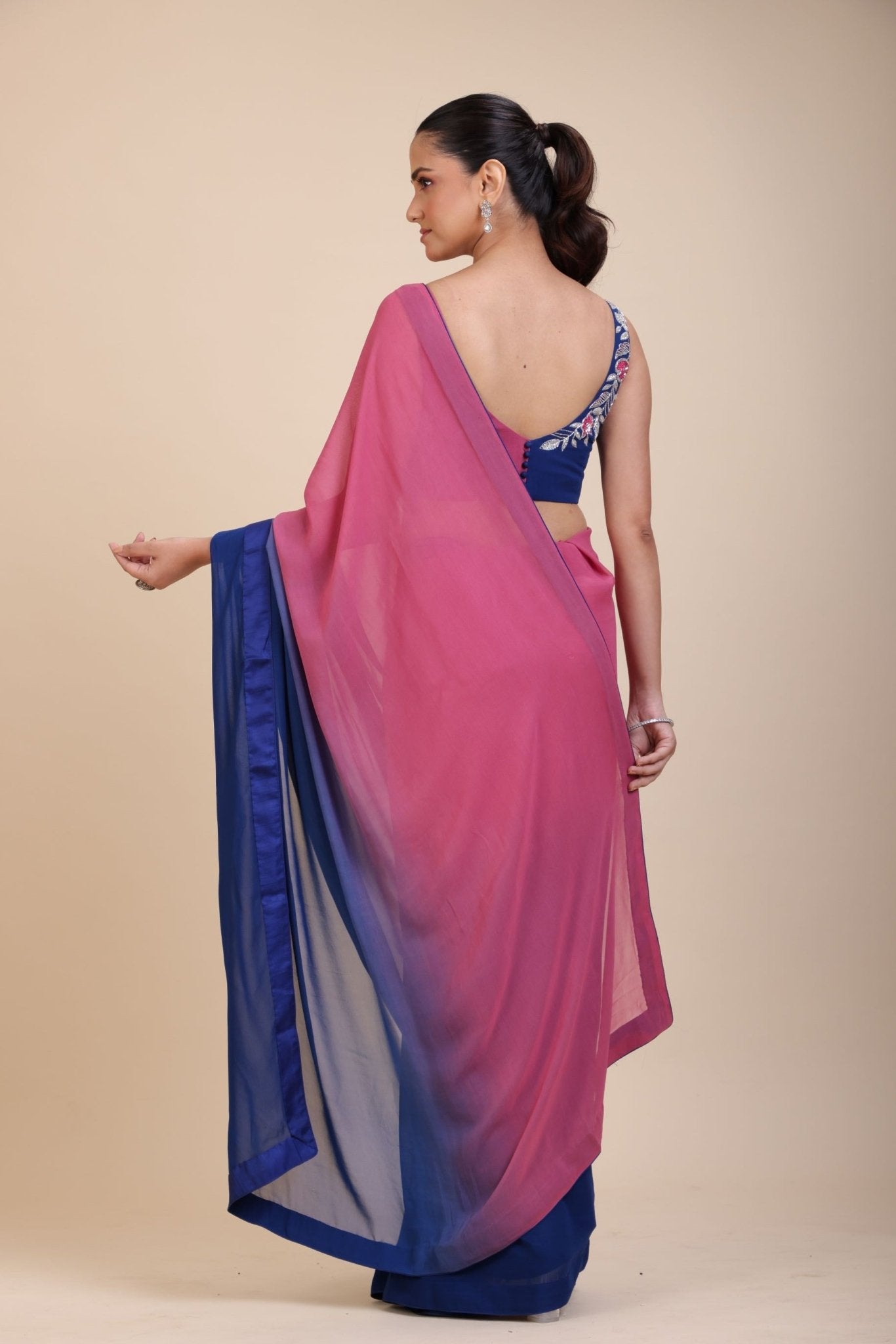 Pink and Blue Ombre Georgette Saree With Designer Blouse - Anvi Couture