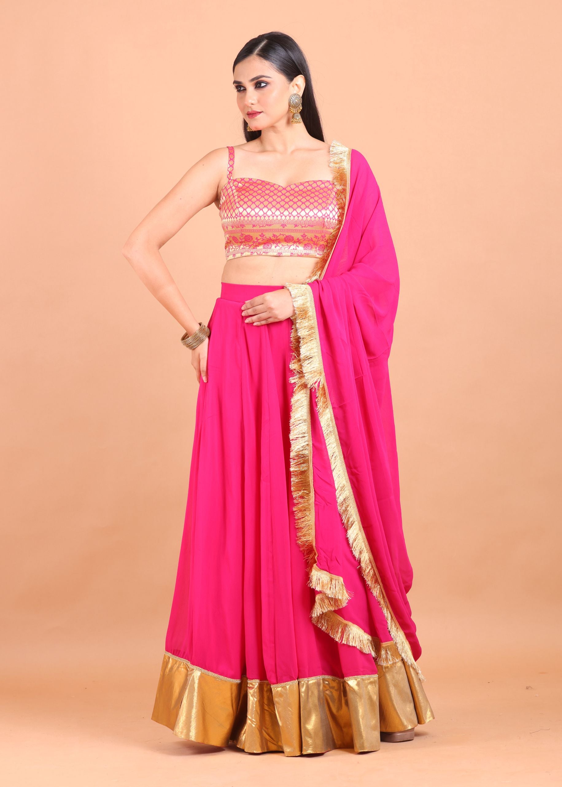 Pink and Gold Simple Lehenga Set With Brocade Choli Full view