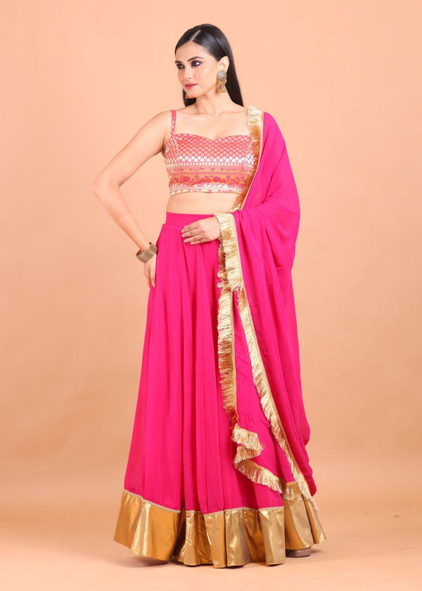Pink and Gold Simple Lehenga Set With Brocade Choli - Anvi Couture