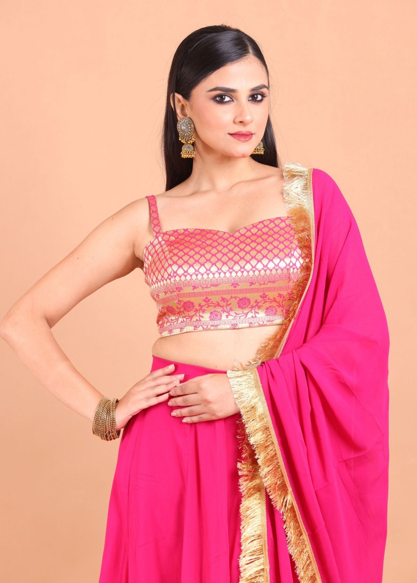 Pink and Gold Simple Lehenga Set With Brocade Choli - Anvi Couture