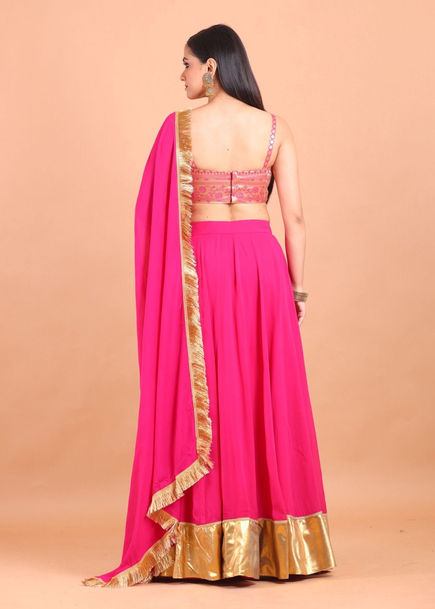 Pink and Gold Simple Lehenga Set With Brocade Choli - Anvi Couture