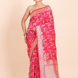 Pink and Golden Banarasi Silk Saree with all over floral weaving - Anvi Couture