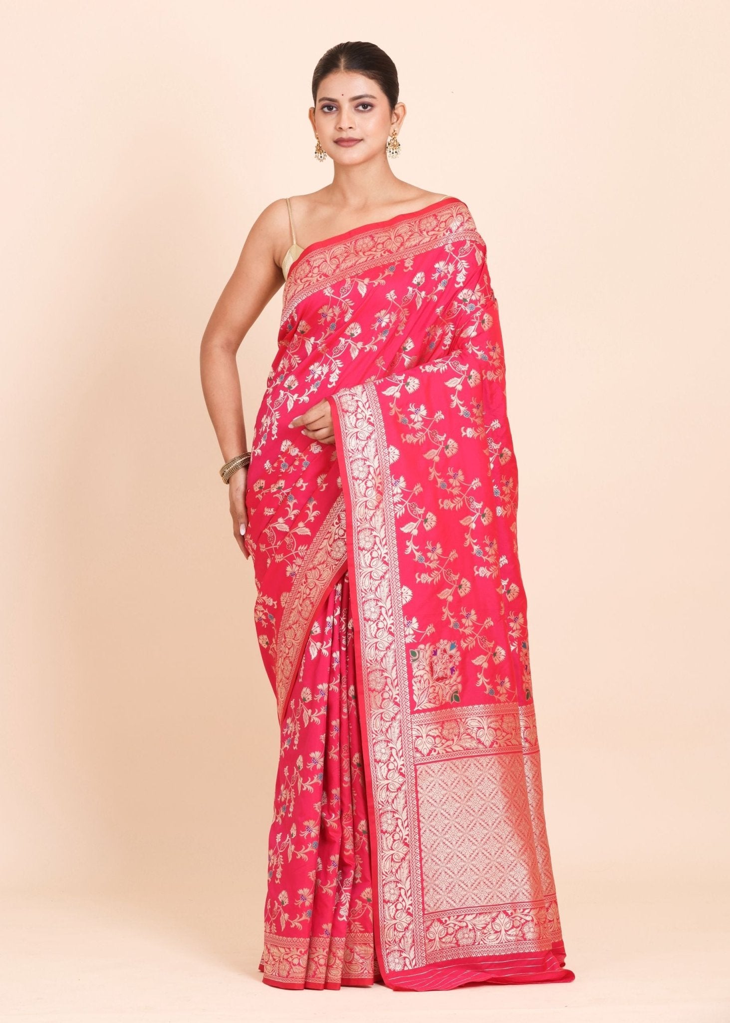 Pink and Golden Banarasi Silk Saree with all over floral weaving - Anvi Couture