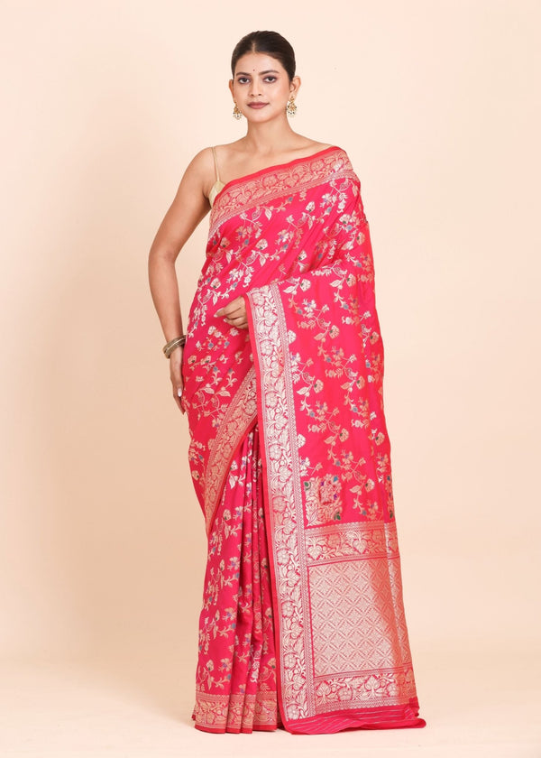 Pink and Golden Banarasi Silk Saree with all over floral weaving - Anvi Couture