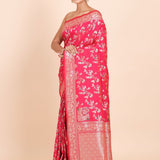 Pink and Golden Banarasi Silk Saree with all over floral weaving - Anvi Couture