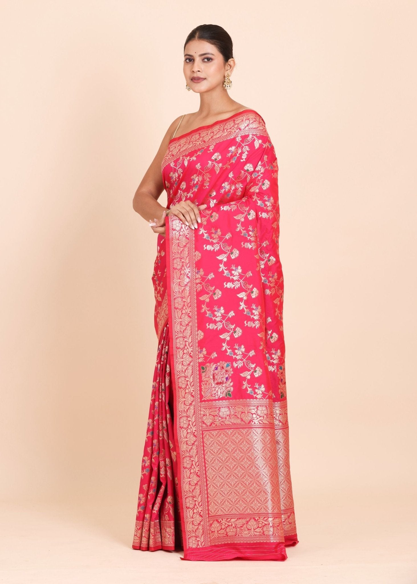 Pink and Golden Banarasi Silk Saree with all over floral weaving - Anvi Couture