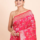 Pink and Golden Banarasi Silk Saree with all over floral weaving - Anvi Couture