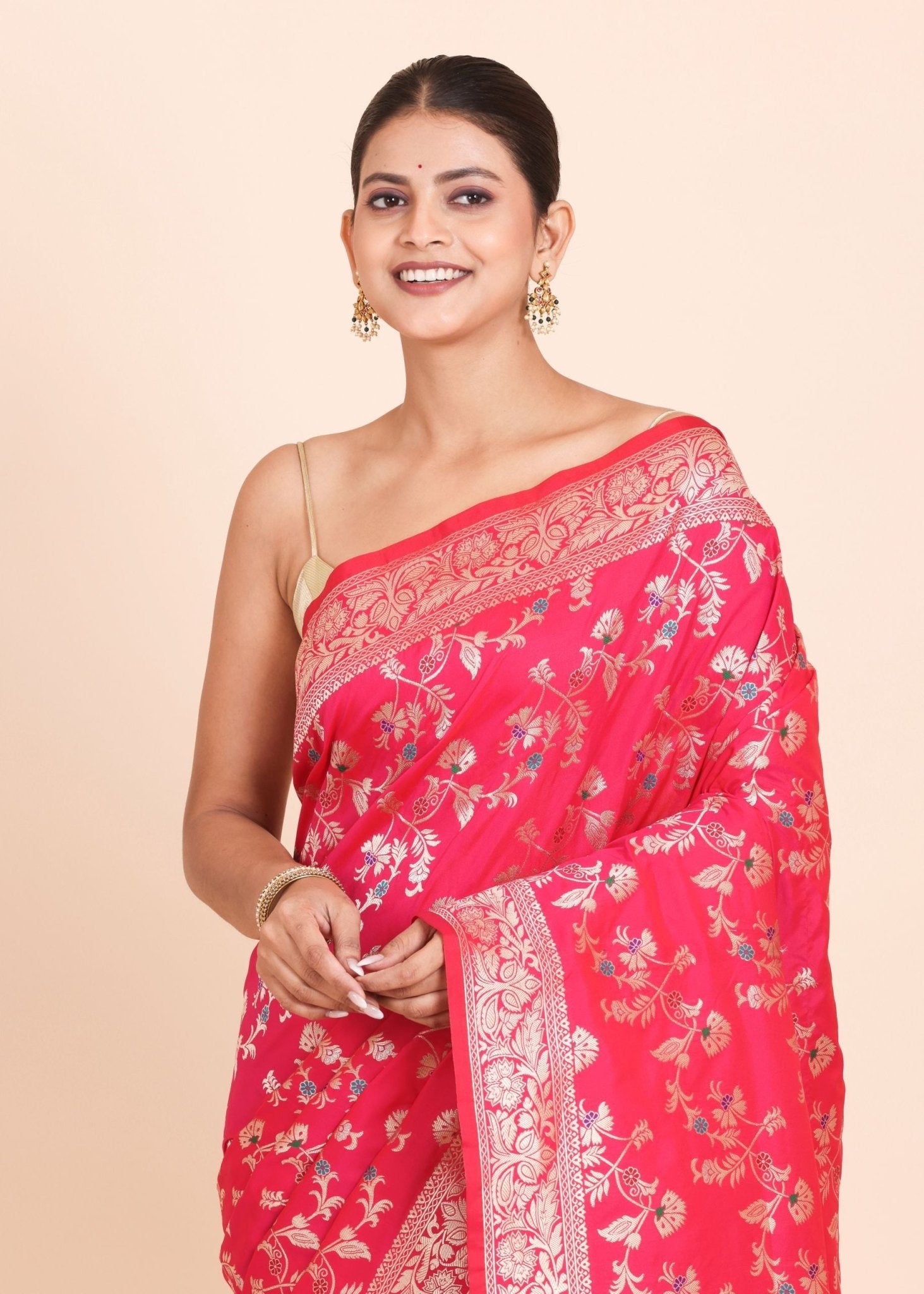 Pink and Golden Banarasi Silk Saree with all over floral weaving - Anvi Couture