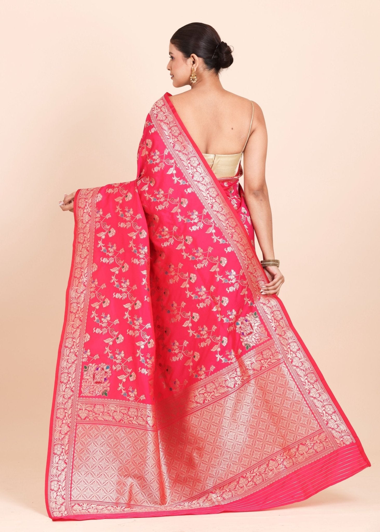 Pink and Golden Banarasi Silk Saree with all over floral weaving - Anvi Couture