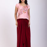 Pink and Maroon Crop Top Drape Skirt Set with Hand Embroidered Work Full